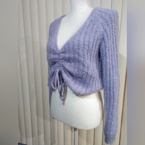 Sweet Purple CROP Ruched Sweater Fuzzy Long Sleeve Deep V Neck Medium Chest 36"